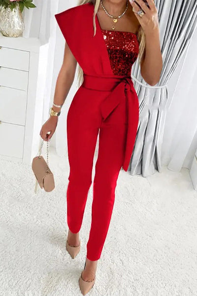 Katarina - elegant sequin asymmetrical collar jumpsuit