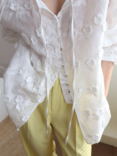 Oversized Semi-Sheer Embroidered Floral Blouse
