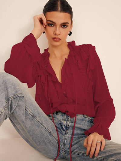 Semi-Sheer Ruffle Chiffon Breasted Blouse