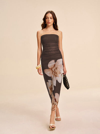 Semi-Sheer Strapless Ruched Floral Mesh Dress