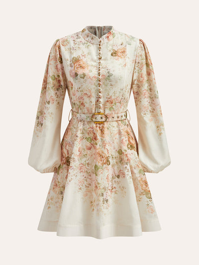 Cotton & Linen Puff Sleeve Floral Belted Dress