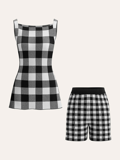 Checkerboard Sleeveless Knit Shorts Set