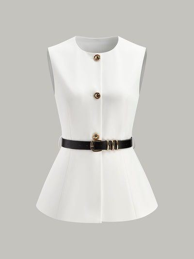 Button Detail Pockets Top With Belt