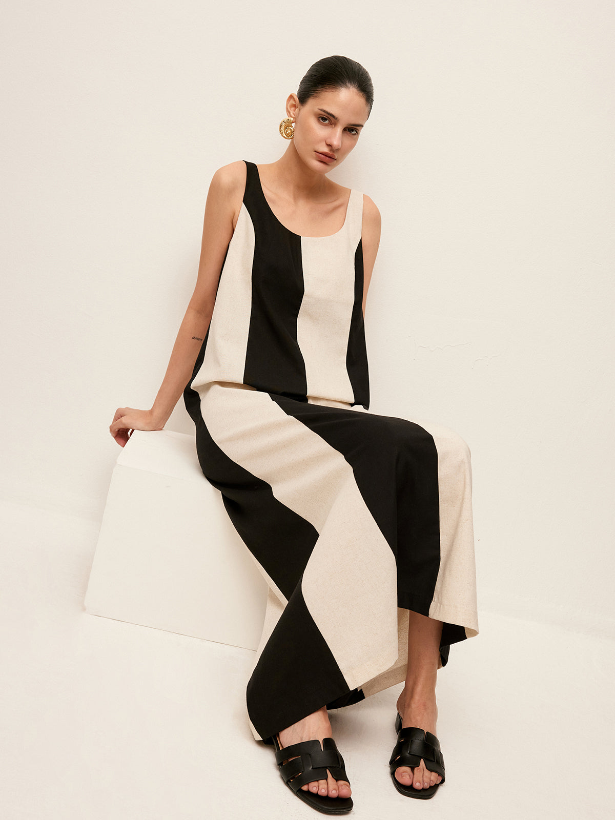 Cotton & Linen Striped Sleeveless Dress