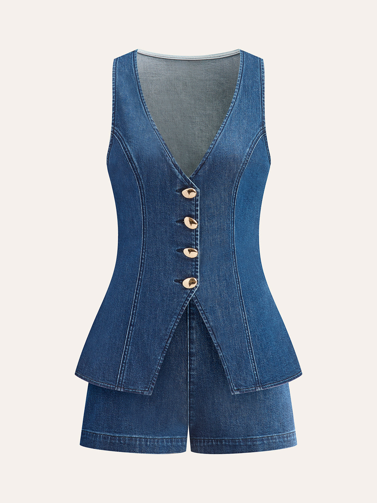 Metal Button Tie-Back Denim V-Neck Shorts Set