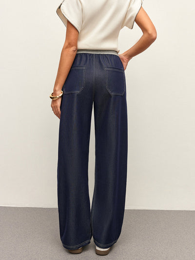 High-Waist Drawstring Denim Pants With Pockets