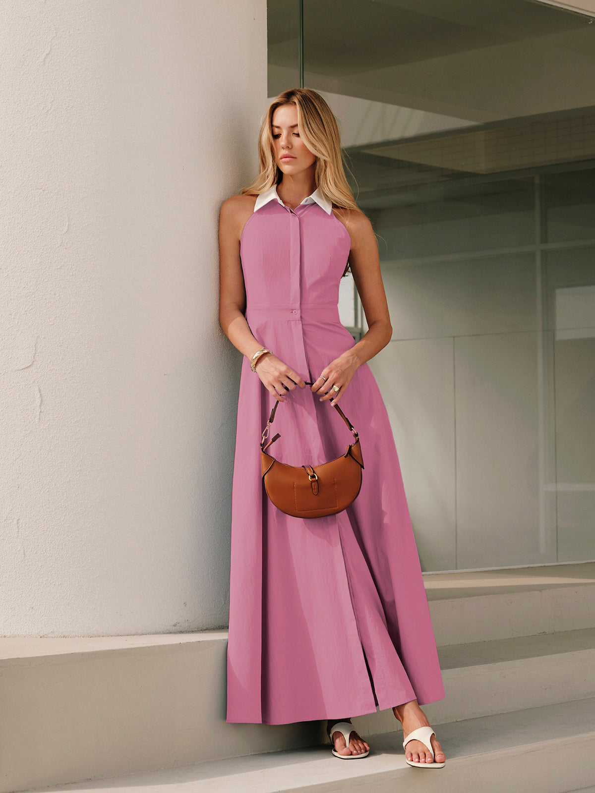 Button Sleeveless Collar Dress