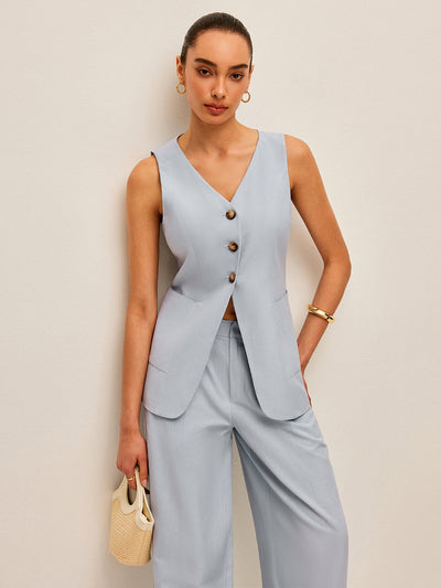 Cotton & Linen Tie-Back Vest With Pants Set
