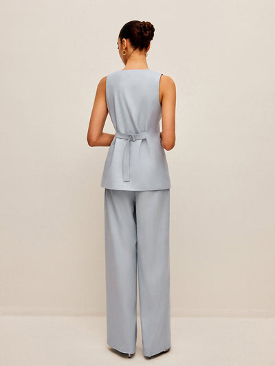 Cotton & Linen Tie-Back Vest With Pants Set