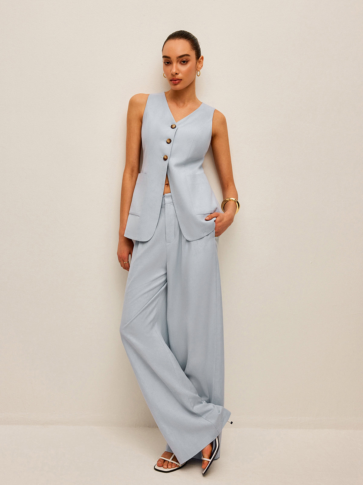 Cotton & Linen Tie-Back Vest With Pants Set