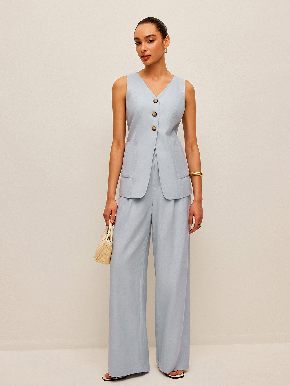 Cotton & Linen Tie-Back Vest With Pants Set