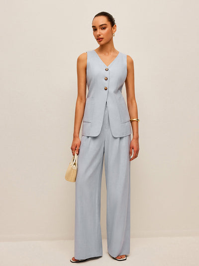 Cotton & Linen Tie-Back Vest With Pants Set