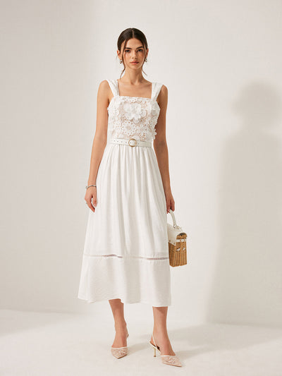 Cotton Floral Lace Belted Dress