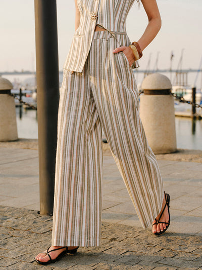 Linen & Cotton Mid-Waist Striped Wide-Leg Pants