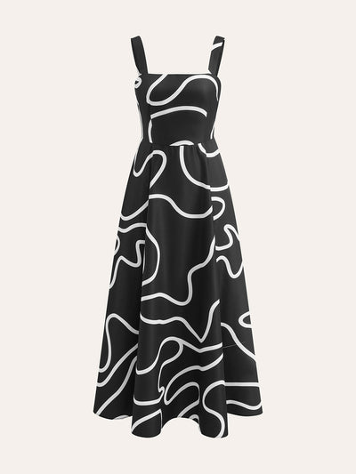 Abstract Line Print Square Strap Dress