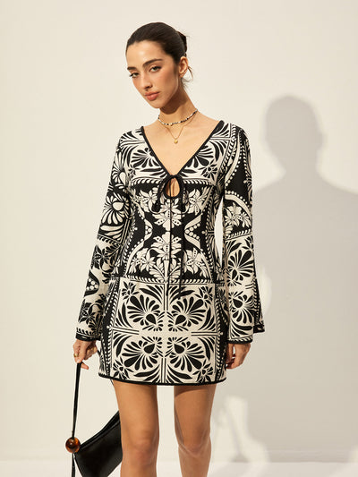 Printed Tie-Front Bell Sleeve Dress