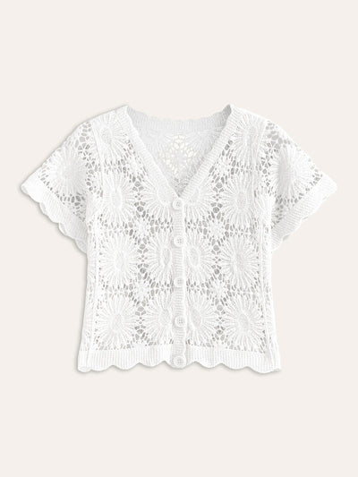 Crochet Floral Button-Front Cardigan