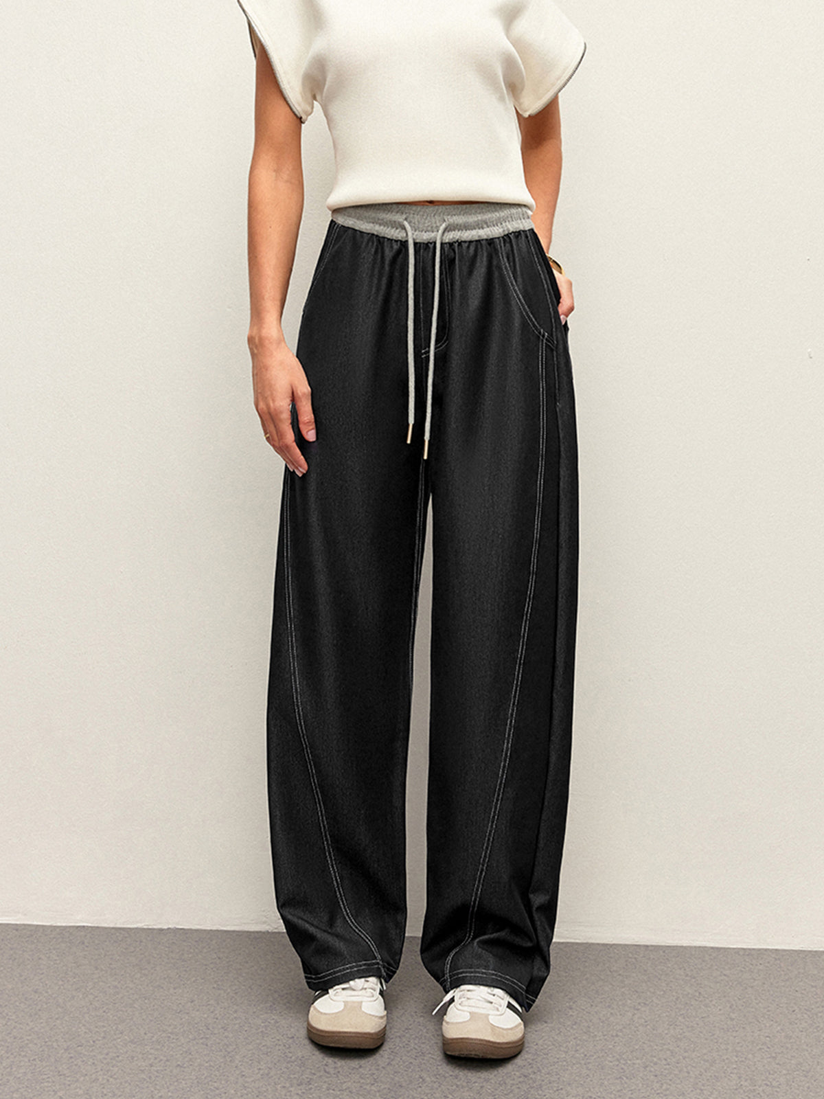 High-Waist Drawstring Denim Pants With Pockets