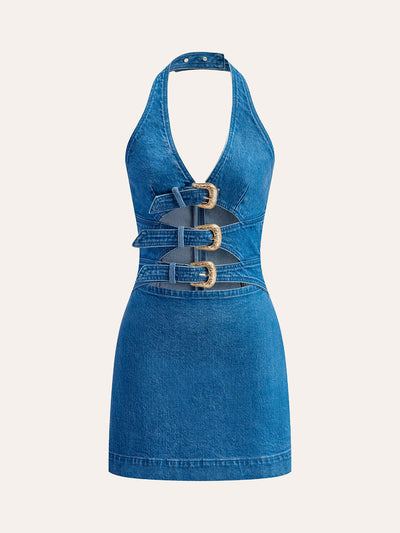 Halter Neck Buckle Detail Denim Dress