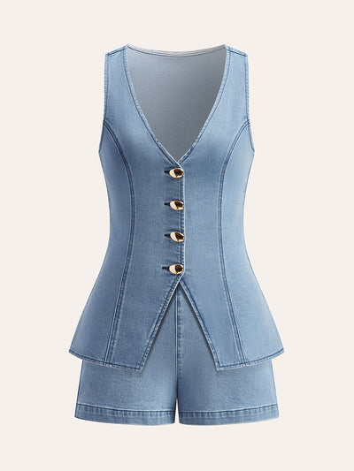 Metal Button Tie-Back Denim V-Neck Shorts Set