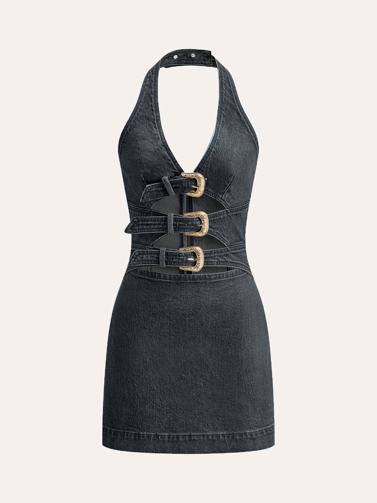 Halter Neck Buckle Detail Denim Dress