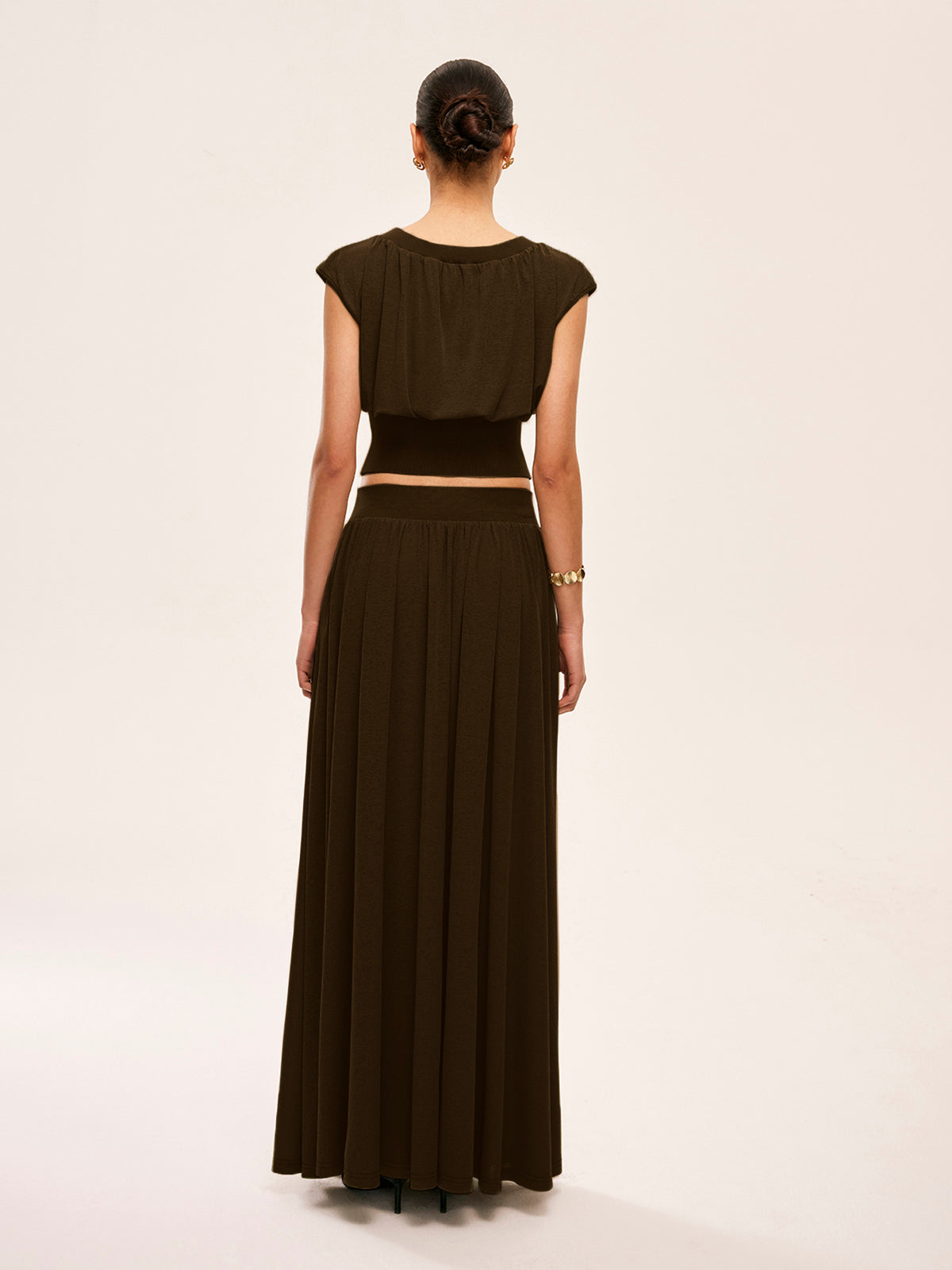 Gathered Waist Top With Flowy Skirt Set