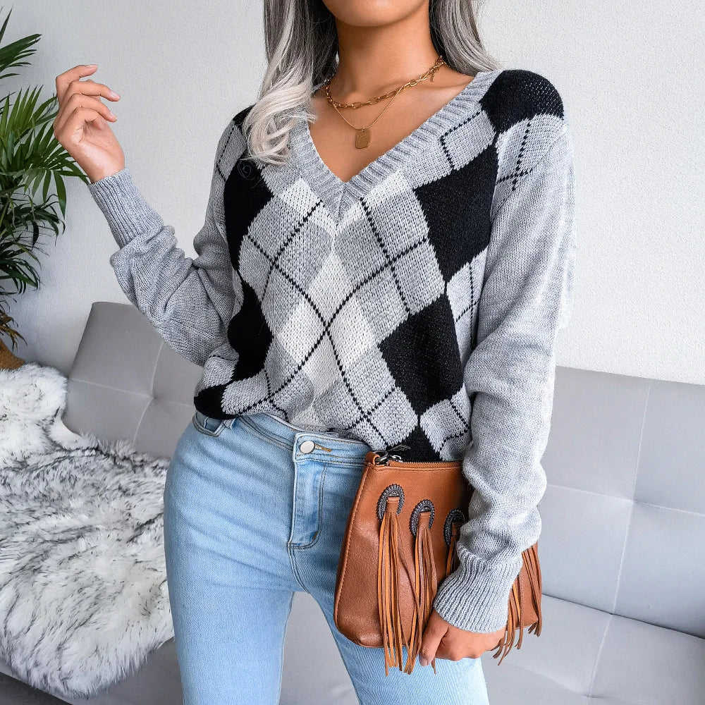 Rosie | Winter Argyle V-Neck Sweater for Women