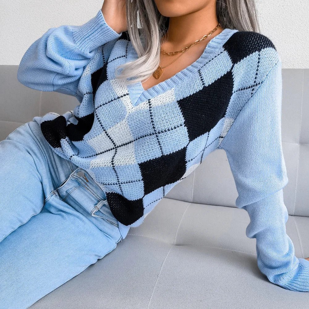 Rosie | Winter Argyle V-Neck Sweater for Women