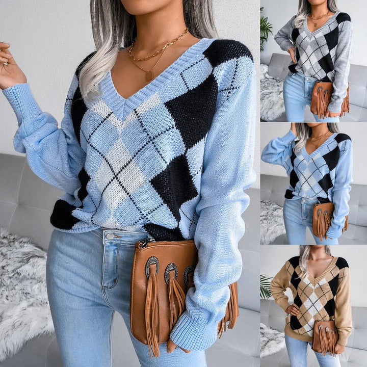 Rosie | Winter Argyle V-Neck Sweater for Women