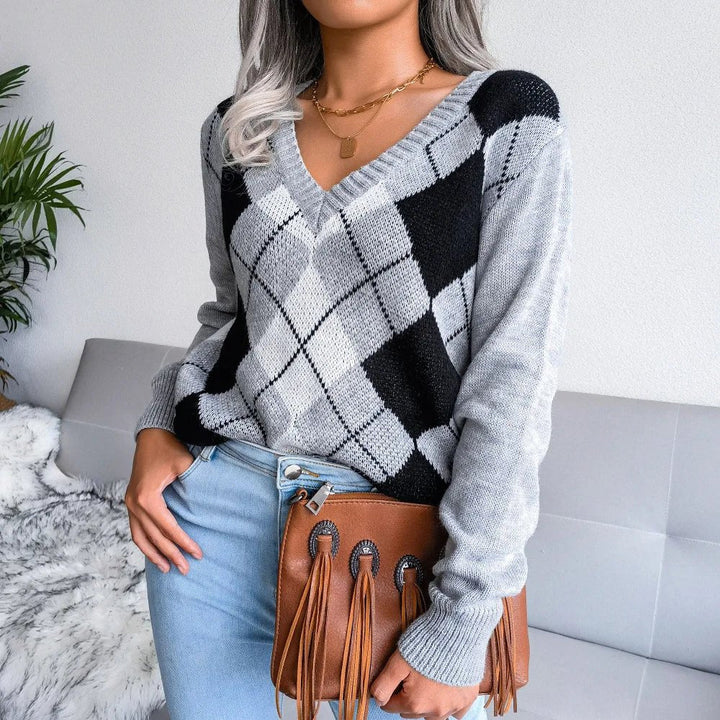 Rosie | Winter Argyle V-Neck Sweater for Women