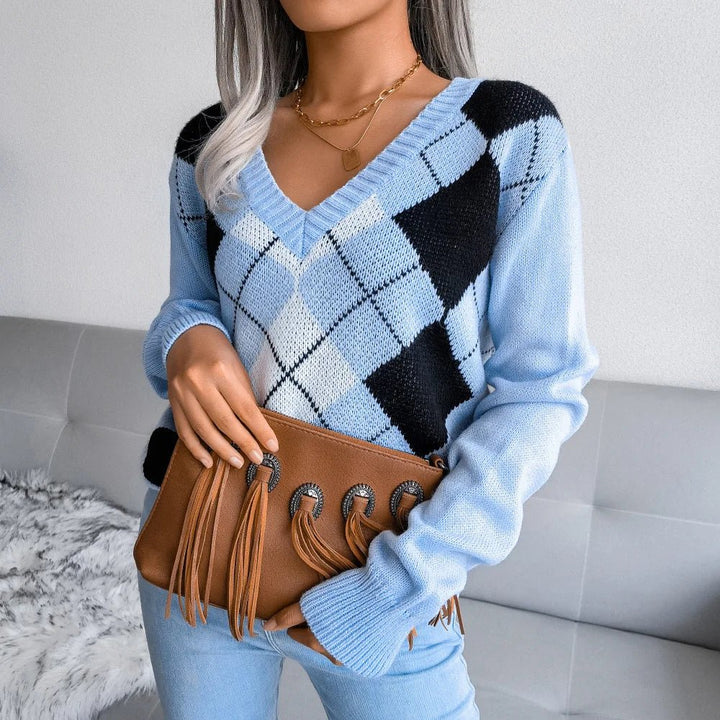 Rosie | Winter Argyle V-Neck Sweater for Women