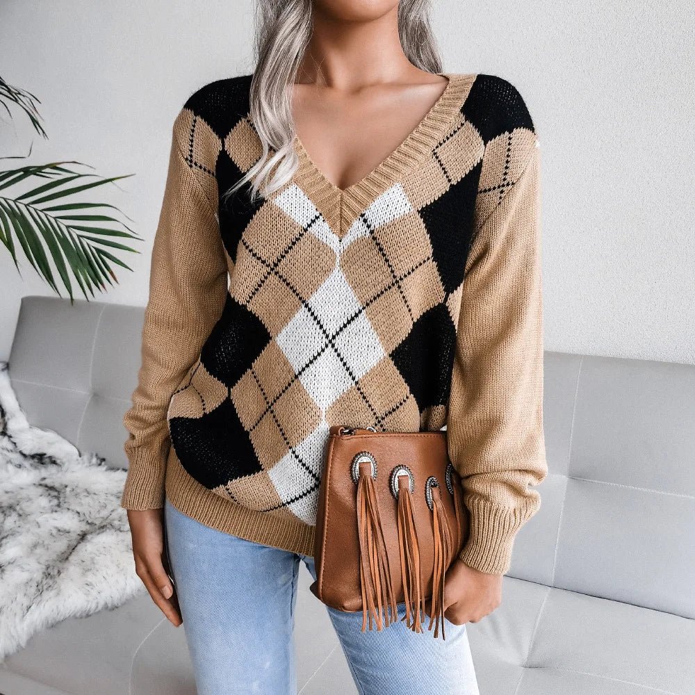 Rosie | Winter Argyle V-Neck Sweater for Women