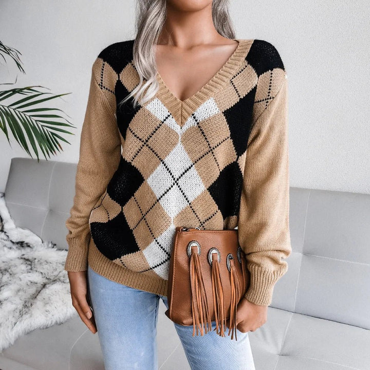 Rosie | Winter Argyle V-Neck Sweater for Women