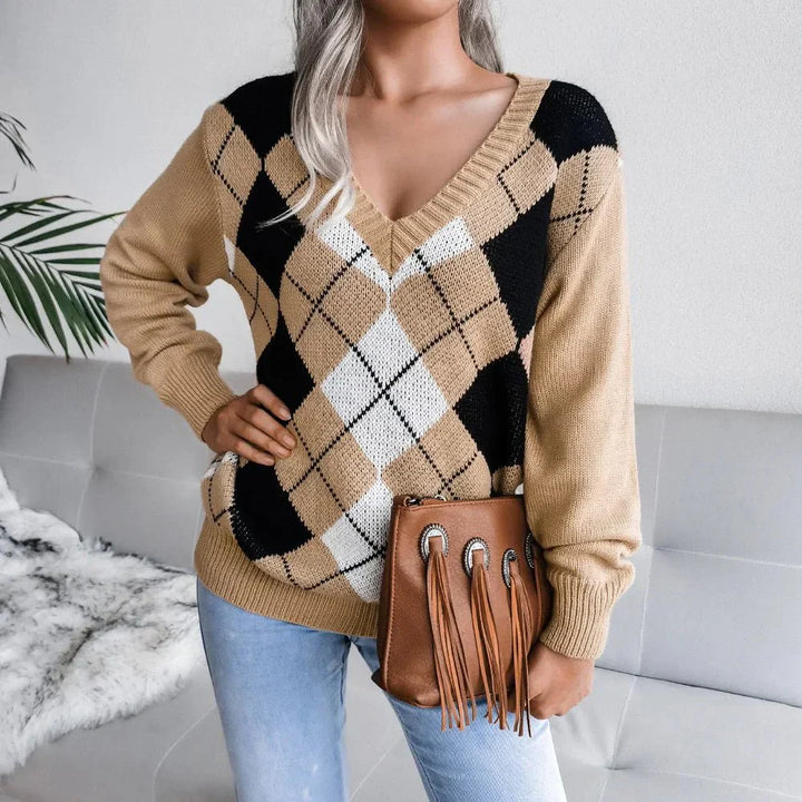 Rosie | Winter Argyle V-Neck Sweater for Women