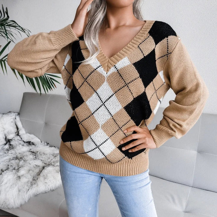 Rosie | Winter Argyle V-Neck Sweater for Women