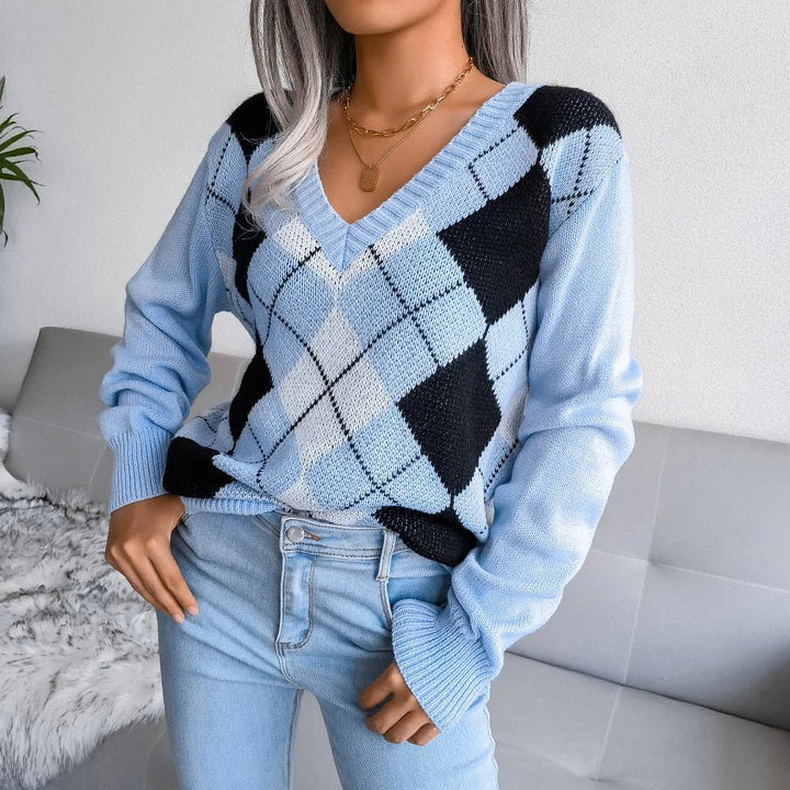 Rosie | Winter Argyle V-Neck Sweater for Women