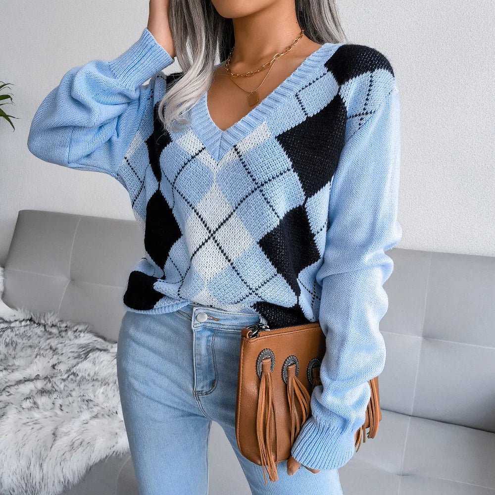 Rosie | Winter Argyle V-Neck Sweater for Women