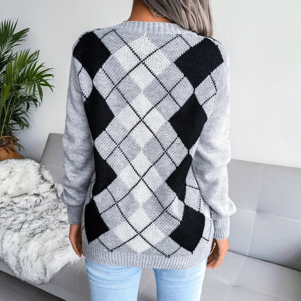 Rosie | Winter Argyle V-Neck Sweater for Women